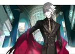  1boy blue_eyes cloak eyeliner fate/apocrypha fate_(series) formal karna_(fate) makeup male_focus mchi necktie solo suit white_hair white_skin 