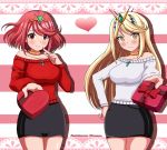  2girls alternate_costume artist_name bangs bare_shoulders blonde_hair blush breasts choker commentary commentary_request dual_persona eyebrows_visible_through_hair gem gift gradient hair_ornament headpiece heart highres mythra_(xenoblade) holding holding_gift pyra_(xenoblade) jewelry large_breasts long_hair looking_at_viewer multiple_girls nintendo patdarux pink_background red_eyes redhead shiny shiny_skin short_hair skirt smile sweater swept_bangs thighs tiara tsundere valentine very_long_hair white_background xenoblade_(series) xenoblade_2 yellow_eyes 