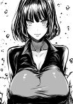  1girl absurdres bangs blush breasts floating floating_object fubuki_(one-punch_man) greyscale grin highres looking_at_viewer megao_3rd monochrome one-punch_man short_hair simple_background smile solo white_background 