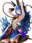  1girl armpits arms_up bangs blue_hair blue_skirt blush breasts brown_eyes brown_gloves brown_legwear closed_mouth elbow_gloves erune ferry_(granblue_fantasy) from_below frown glint gloves granblue_fantasy grey_background hair_between_eyes long_hair looking_at_viewer looking_down medium_breasts shirt sideboob simple_background skirt sleeveless sleeveless_shirt solo standing thigh-highs v-shaped_eyebrows very_long_hair wasabi60 wavy_hair white_shirt 