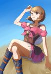  1girl absurdres alternate_costume boots breasts brown_eyes brown_hair closed_mouth dress highres looking_at_viewer persona persona_3 short_hair smile solo takeba_yukari 