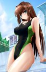  1girl aozaki_aoko black_swimsuit blue_sky blurry brown_hair building clouds commentary_request competition_swimsuit covered_nipples cowboy_shot day depth_of_field fence from_below green_eyes highleg highleg_swimsuit highres long_hair mahou_tsukai_no_yoru one-piece_swimsuit outdoors sky solo swimsuit water yuuk33 