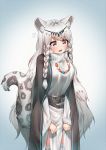  1girl animal_ear_fluff animal_ears arknights bangs bead_necklace beads belt black_belt blue_background blush braid breasts commentary cowboy_shot deaver dress eyebrows_visible_through_hair gradient gradient_background grey_background grey_eyes head_chain highres jewelry leopard_ears leopard_tail long_hair long_sleeves medium_breasts necklace open_mouth pramanix_(arknights) silver_hair solo standing tail thigh-highs turtleneck_dress twin_braids very_long_hair white_dress white_legwear 