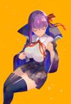  1girl absurdres bangs bb_(fate)_(all) black_legwear black_skirt breasts cape closed_eyes collared_shirt fate/extra fate/extra_ccc fate/grand_order fate_(series) feet_out_of_frame highres invisible_chair large_breasts long_hair long_sleeves orange_background petals pleated_skirt purple_hair red_neckwear shirt simple_background sitting skirt smile solo thigh-highs ugusu24 white_shirt wide_sleeves zettai_ryouiki 
