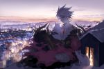  1boy blue_eyes bodysuit cape cat cityscape collar fate/apocrypha fate_(series) fur_cape karna_(fate) male_focus mchi sitting solo spiked_collar spikes spiky_hair white_hair 