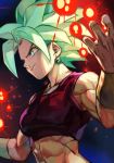  1girl abs arms_at_sides black_background blue_background bracelet breasts crop_top cupping_hands dark_background dragon_ball dragon_ball_super earrings energy_ball eyelashes frown gradient gradient_background green_eyes green_hair grin hands_up hankuri jewelry kefla_(dragon_ball) light_particles looking_away medium_breasts midriff muscle muscular_female potara_earrings shaded_face short_hair simple_background sleeveless smile solo spiky_hair super_saiyan upper_body v-shaped_eyebrows very_short_hair 