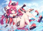  1girl :3 anchor animal_ear_fluff animal_ears ass azur_lane black_gloves blue_sky blush cannon closed_mouth clouds commentary_request day dutch_angle fingerless_gloves gloves hamakaze_(azur_lane) horizon long_hair long_sleeves navel ocean on_head outdoors outstretched_arm red_eyes red_footwear red_sleeves redhead ribbon-trimmed_legwear ribbon_trim shoe_soles sky socks solo splashing strapless symbol-shaped_pupils turret utm very_long_hair water white_legwear wide_sleeves 