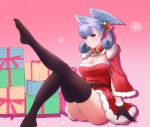  1girl absurdres blue_eyes boots breasts christmas curly_hair dress elbow_gloves feet_out_of_frame gloves hat head_wings highres holding holding_staff looking_at_viewer medium_breasts melia mercury_xeno silver_hair simple_background smile staff thigh-highs thigh_gap twintails white_background xenoblade_(series) xenoblade_1 