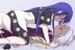  2girls asatsuki_(fgfff) bed_sheet black_dress blue_eyes blue_hair closed_mouth doremy_sweet dress eye_contact girl_on_top highres jacket kishin_sagume long_hair looking_at_another lying multiple_girls on_back open_clothes open_jacket pom_pom_(clothes) purple_shirt red_eyes shirt short_sleeves silver_hair simple_background tail touhou white_dress yuri 