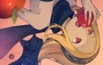  1girl animal apple aquariumtama bare_shoulders blonde_hair cat commentary_request dark_skin dusty_(gravity_daze) food fruit gravity_daze hairband kitten_(gravity_daze) long_hair looking_at_viewer open_mouth red_eyes scarf simple_background solo 