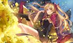  1girl asymmetrical_legwear asymmetrical_sleeves bangs between_breasts birdcage black_dress black_legwear blonde_hair blush breasts cage cape detached_collar dress earrings ereshkigal_(fate/grand_order) fate/grand_order fate_(series) field flower flower_field fur-trimmed_cape fur_trim gold_trim hagiwara_rin hoop_earrings infinity jewelry long_hair looking_at_viewer medium_breasts open_mouth parted_bangs red_cape red_eyes short_dress single_sleeve single_thighhigh sitting skull smile solo spine thigh-highs tiara two_side_up 