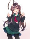  1girl black_legwear blush breasts brown_eyes brown_hair eyebrows_visible_through_hair green_cardigan green_skirt highres kanro_ame_(ameko) kantai_collection kuma_(kantai_collection) large_breasts long_hair long_sleeves looking_at_viewer neckerchief open_mouth pantyhose paw_pose school_uniform serafuku skirt smile solo 