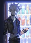  1boy black_gloves blue_eyes bottle casual choker fate/apocrypha fate_(series) gloves highres holding holding_bottle jacket jewelry karna_(fate) leather leather_jacket male_focus mchi single_earring solo vending_machine white_hair white_skin 