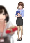  2girls blurry blurry_foreground brown_eyes brown_hair depth_of_field empty_eyes full_body gloom_(expression) high_heels highres holding multiple_girls office_lady office_lady_(yomu_(sgt_epper)) original pantyhose shaded_face solo_focus white_background yomu_(sgt_epper) 