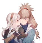  1boy 1girl bangs black_gloves blue_jacket brown_gloves brown_hair brown_hairband bush closed_eyes closed_mouth collar collared_shirt corrin_(fire_emblem) corrin_(fire_emblem)_(female) eyebrows_visible_through_hair fire_emblem fire_emblem_fates gloves hair_between_eyes hair_ornament hairband holding hug jacket long_hair long_sleeves looking_at_another one_eye_closed parted_lips pointy_ears ponytail puffy_long_sleeves puffy_sleeves red_eyes red_ribbon ribbon shirt simple_background smile takumi_(fire_emblem) upper_body white_background white_hair white_shirt zuizi 