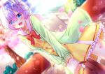  1girl absurdres artist_name bag blue_eyes blue_hair blurry blurry_background blush bow breasts brown_bag cherry_blossoms commentary_request dress green_cardigan hair_ornament hair_over_one_eye hair_ribbon highres holding holding_bag medium_breasts mymerody4649 open_mouth outdoors pink_ribbon re:zero_kara_hajimeru_isekai_seikatsu red_bow rem_(re:zero) ribbon short_hair smile upper_teeth x_hair_ornament yellow_dress 