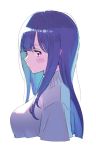  1girl blue_hair blush breasts closed_mouth cropped_torso from_side grey_sweater highres large_breasts long_hair looking_at_viewer nagisa_kurousagi original simple_background solo sweater violet_eyes white_background 