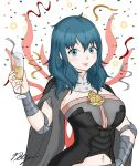  1girl alcohol armor bangs blue_eyes blue_hair breasts byleth_(fire_emblem) byleth_eisner_(female) celebration champagne champagne_flute confetti cup cute draconety drinking_glass female_my_unit_(fire_emblem:_three_houses) fire_emblem fire_emblem:_three_houses fire_emblem:_three_houses fire_emblem_16 hair_between_eyes highres intelligent_systems large_breasts lips looking_at_viewer medium_hair my_unit_(fire_emblem:_three_houses) navel navel_cutout nintendo parted_lips signature simple_background smile solo super_smash_bros. vambraces watermark 