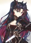  1girl absurdres bangs black_hair breasts fate/grand_order fate_(series) grey_eyes gu_li highres horns ishtar_(fate)_(all) long_hair looking_at_viewer multicolored_hair parted_bangs redhead simple_background small_breasts solo space_ishtar_(fate) two-tone_hair two_side_up white_background 