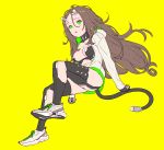  1girl absurdres bangs black_gloves breasts breasts_outside brown_hair gloves green_eyes grey_footwear grey_hoodie highres hood hood_down horns long_hair long_sleeves looking_at_viewer medium_breasts nagisa_kurousagi navel original parted_bangs parted_lips shoes simple_background sneakers solo tail yellow_background 