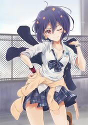  1girl arigato_(rmskrtkdlqj) black_hair bow bowtie clothes_around_waist collarbone commentary_request flower gyaru hair_flower hair_ornament hand_on_hip highres jacket_around_waist jacket_over_shoulder looking_at_viewer loose_bowtie miniskirt mizuno_ai one_eye_closed open_collar plaid plaid_neckwear plaid_skirt pleated_skirt red_eyes school_uniform shirt short_hair short_sleeves skirt solo white_shirt wire_fence wristband zombie_land_saga 