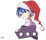  1girl :3 blue_eyes blue_hair capelet closed_mouth cropped_shoulders dated doremy_sweet from_side hat head_tilt highres looking_at_viewer maple-xf nightcap pom_pom_(clothes) portrait red_headwear short_hair simple_background smile solo touhou white_background 