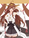  1girl :d ahoge bad_id bad_twitter_id bare_shoulders black_skirt boots brown_hair double_bun eyebrows_visible_through_hair headgear highres kantai_collection kongou_(kantai_collection) long_hair looking_at_viewer maruhi_(neetkaguya1) nontraditional_miko open_mouth pleated_skirt remodel_(kantai_collection) skirt smile solo thigh-highs thigh_boots v violet_eyes 