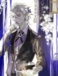  1boy birdcage blue_eyes cage earrings fate/apocrypha fate/grand_order fate_(series) hand_on_own_face highres jewelry karna_(fate) makeup male_focus mchi red_eyeshadow ring solo waistcoat white_hair white_skin 