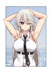  1girl armpits arms_up azur_lane black_neckwear blue_eyes blush breasts closed_mouth collared_shirt enterprise_(azur_lane) eyebrows_visible_through_hair hair_between_eyes highres imagawa_akira large_breasts long_hair looking_at_viewer necktie no_hat no_headwear ocean one_eye_closed photo_background shirt silver_hair sleeveless sleeveless_shirt smile solo upper_body white_shirt 