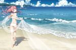  1girl :d ass back bangs bare_arms bare_legs bare_shoulders barefoot beach bikini blue_sky boat breasts clouds cloudy_sky day dock eyebrows_visible_through_hair feet floating_hair from_behind halterneck highres horizon kantoku kurumi_(kantoku) leg_up long_hair looking_at_viewer looking_back medium_breasts ocean open_mouth original outdoors pink_hair running sailboat sand scenery shadow side-tie_bikini sky smile soles solo standing standing_on_one_leg sunlight swept_bangs swimsuit toes two_side_up violet_eyes watercraft waves white_bikini wide_shot wind 