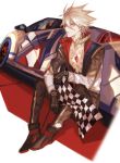  1boy alternate_costume blue_eyes car checkered checkered_flag fate/apocrypha fate_(series) flag ground_vehicle highres jacket karna_(fate) male_focus mchi motor_vehicle pale_skin solo white_hair 