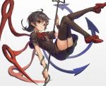  1girl ahoge asymmetrical_wings black_dress black_hair black_legwear bow breasts dress full_body grey_background highres holding holding_weapon houjuu_nue legs_up long_hair looking_at_viewer lying on_back polearm red_bow red_eyes red_footwear red_neckwear shoe_bow shoes short_dress short_sleeves small_breasts smile snake solo thigh-highs touhou trident weapon wings wristband yanyan_(shinken_gomi) 
