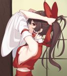  1girl absurdres bow breasts brown_eyes brown_hair detached_sleeves from_side hair_bow hakurei_reimu highres indoors long_hair no_bra open_mouth ponytail profile red_bow red_skirt red_vest sideboob skirt small_breasts solo touhou tying_hair upper_body vest z_loader 