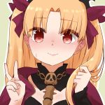  1girl bangs blonde_hair blush closed_mouth ereshkigal_(fate/grand_order) fate/grand_order fate_(series) green_background hair_ribbon hands_up i.u.y long_hair long_sleeves looking_at_viewer nose_blush outline parted_bangs red_eyes red_ribbon ribbon single_sleeve skull sleeves_past_wrists solo spine sweat tiara two_side_up upper_body v wavy_mouth white_outline 