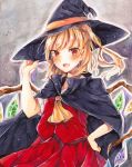  1girl :d ascot bangs black_cape black_headwear blonde_hair blush cape eyebrows_visible_through_hair fang flandre_scarlet floating_hair hand_on_hip hat hat_ribbon highres imoko_hyp long_hair looking_at_viewer open_mouth orange_ribbon red_eyes red_skirt ribbon shiny shiny_hair short_sleeves side_ponytail skirt smile solo standing touhou traditional_media watercolor_pencil_(medium) witch witch_hat yellow_neckwear 