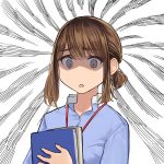  1girl brown_eyes brown_hair emphasis_lines empty_eyes gloom_(expression) highres holding office_lady original shaded_face solo white_background yomu_(sgt_epper) 