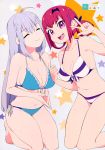  2girls :d ^_^ absurdres ahoge artist_name bare_legs barefoot bikini blue_bikini closed_eyes eyebrows_visible_through_hair fang front-tie_bikini front-tie_top gabriel_dropout hair_rings halterneck highres kneeling kurumizawa_satanichia_mcdowell lavender_hair long_hair multiple_girls navel open_mouth own_hands_together redhead scan shiraha_raphiel_ainsworth side-tie_bikini sidelocks simple_background smile sohin star striped striped_bikini swimsuit violet_eyes w 