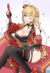  1girl blonde_hair dress fate/grand_order fate_(series) faton flower green_eyes highres jewelry looking_at_viewer necklace nero_claudius_(fate) nero_claudius_(fate)_(all) simple_background sitting sword weapon 