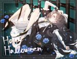  1girl bangs bare_legs black_dress black_footwear breasts brown_hair c-ms_(girls&#039;_frontline) dress eyebrows_visible_through_hair flower full_body girls_frontline gun hair_between_eyes halloween_costume hand_on_head happy_halloween highres legs long_hair long_sleeves looking_at_viewer lying middle_finger mole mole_under_eye on_back open_mouth rabb_horn red_eyes shoes small_breasts solo submachine_gun weapon 