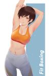 1girl blue_background blush breasts brown_eyes brown_hair closed_mouth highres large_breasts looking_at_viewer navel original smile solo sports_bra sportswear two-tone_background wa_(genryusui) white_background 