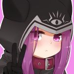  1girl :&lt; animal_ears animal_hood bangs black_gloves blush closed_mouth collar fake_animal_ears fate/grand_order fate_(series) gloves hand_up hood hood_up i.u.y long_hair looking_at_viewer medusa_(lancer)_(fate) outline parted_bangs pink_background purple_hair red_collar rider sidelocks solo upper_body v violet_eyes white_outline 