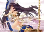  1girl armlet armpits bridal_gauntlets closed_mouth clouds detached_sleeves dress eyebrows_visible_through_hair fate/grand_order fate_(series) floating_hair flying from_side hair_ornament heavenly_boat_maanna holding holding_sword holding_weapon ishtar_(fate)_(all) ishtar_(fate/grand_order) long_hair looking_at_viewer looking_to_the_side racchi. red_eyes ringed_eyes single_detached_sleeve smile solo sword very_long_hair weapon white_dress 