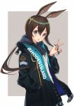  1girl amiya_(arknights) animal_ear_fluff animal_ears arknights ascot bangs black_jacket blue_eyes blue_neckwear brown_hair commentary_request eyebrows_visible_through_hair grey_background hair_between_eyes hand_in_pocket highres hood hood_down hooded_jacket itachi_kanade jacket jewelry long_hair long_sleeves open_clothes open_jacket open_mouth ponytail rabbit_ears ring shirt sidelocks solo thumb_ring two-tone_background very_long_hair white_background white_shirt 