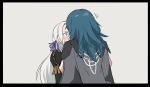  blush byleth_(fire_emblem) byleth_eisner_(female) edelgard_von_hresvelg fire_emblem fire_emblem:_three_houses garreg_mach_monastery_uniform green_hair grey_background hair_ribbon implied_kiss long_hair looking_at_another mikoyan ribbon silver_hair upper_body violet_eyes yuri 