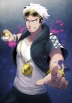  1boy black_hair eyewear_on_head guzma_(pokemon) haneten_kagatsu holding holding_poke_ball jacket multicolored_hair poke_ball pokemon pokemon_(game) pokemon_sm short_sleeves sideburns smile sunglasses team_skull two-tone_hair watch watch white_hair wrist_tattoo 