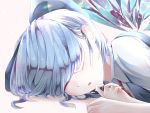  1girl :o blue_bow blue_hair blue_wings bow cirno closed_eyes detached_wings fall_dommmmmer hair_bow hair_over_one_eye highres ice ice_wings lying on_stomach parted_lips red_neckwear short_hair sleeping solo touhou upper_body wings 