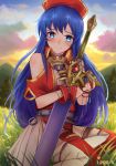  1girl artist_name backlighting bare_shoulders barefoot binding_blade_(weapon) blue_eyes blue_hair blush closed_mouth clouds cloudy_sky cute day fire_emblem fire_emblem:_fuuin_no_tsurugi fire_emblem:_the_binding_blade fire_emblem_6 fire_emblem_sword_of_seals heart intelligent_systems ippers lilina_(fire_emblem) long_hair looking_at_viewer meadow moe nintendo object_hug on_grass on_ground outdoors pleated_skirt red_headwear short_sleeves shoulder_cutout sitting skirt sky smile sunlight sword very_long_hair weapon white_skirt wrist_cuffs yokozuwari 