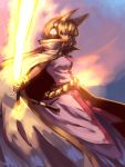  1girl animal_ears cape closed_mouth dress flaming_sword headphones holding holding_sword holding_weapon inishie_kumo looking_at_viewer pinky_out purple_cape purple_dress sash short_hair solo standing sword touhou toyosatomimi_no_miko weapon 