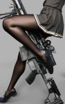  1girl 3d bipod black_legwear commentary commentary_request digiplant feet gun highres legs loafers magazine_(weapon) original pantyhose pleated_skirt rifle school_uniform scope shoes simple_background skirt thighs uniform weapon 