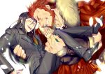 2boys black_hair cape carrying cheekbones cigarette fate/grand_order fate_(series) hair_between_eyes long_hair lord_el-melloi_ii male_focus multiple_boys older one_eye_closed princess_carry redhead rider_(fate/zero) size_difference tjddms8059 waver_velvet 